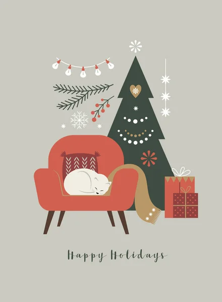圣诞和新年贺卡 猫睡在沙发上 — 图库矢量图片