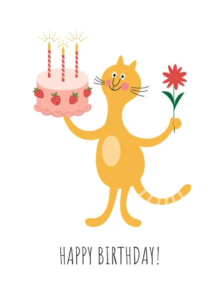 Feliz Tarjeta Cumpleaños Lindo Gato Con Pastel — Vector de stock