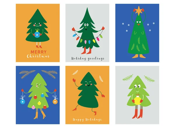 Conjunto Tarjetas Navidad Lindos Dibujos Animados Divertidos Árboles Navidad — Vector de stock