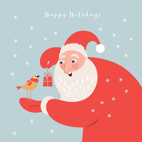 Χριστουγεννιάτικη Απεικόνιση Άγιος Βασίλης Δίνει Ένα Δώρο Στο Πουλάκι — Διανυσματικό Αρχείο