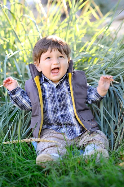 Carino bambino seduto nell'erba all'aperto in giacca autunnale — Foto Stock