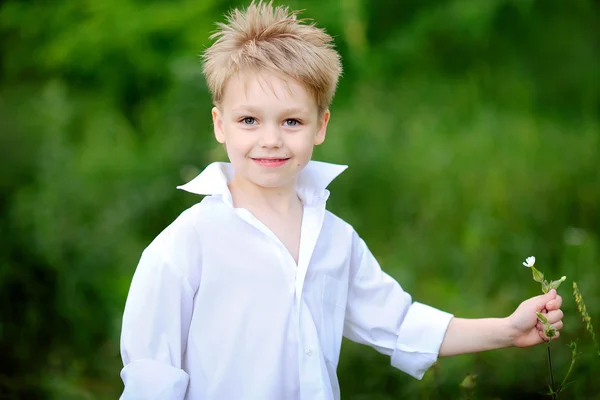 Portret van kleine jongen buiten in de zomer — Stockfoto