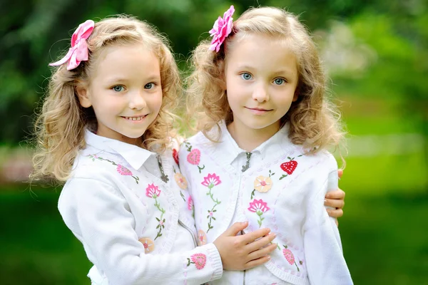 Portrait of two sisters twins in the summer — Stock Photo, Image