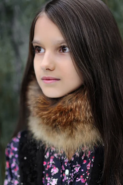 Porträtt av en vacker liten brunett flicka — Stockfoto