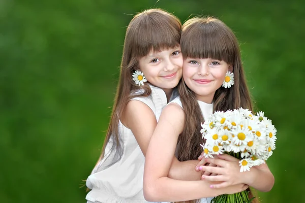 Portrait of two young girlfriends with daisies — Stock Photo, Image