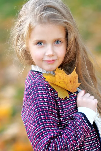 Portrait of a little girl in a park in autumn — Stock Photo, Image