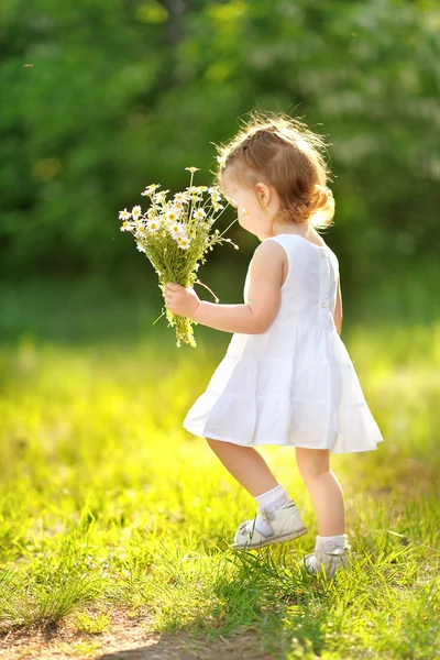 Портрет красивой маленькой девочки с ромашкой — стоковое фото