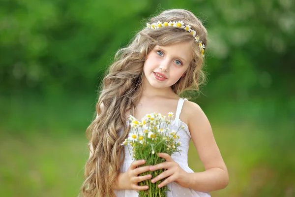 Portrait of a beautiful little girl with chamomile — Stock Photo, Image