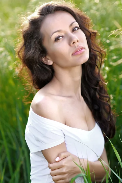 Mooie elegante brunette meisje in een veld — Stockfoto
