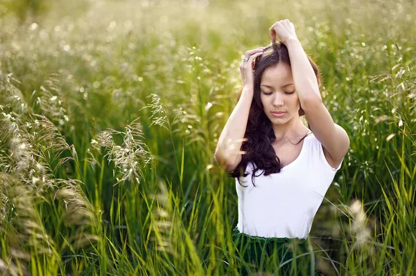 Schöne elegante Brünette Mädchen in einem Feld — Stockfoto