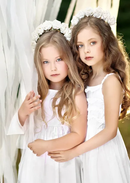 Portrait of two young girlfriends with flowers — Stock Photo, Image