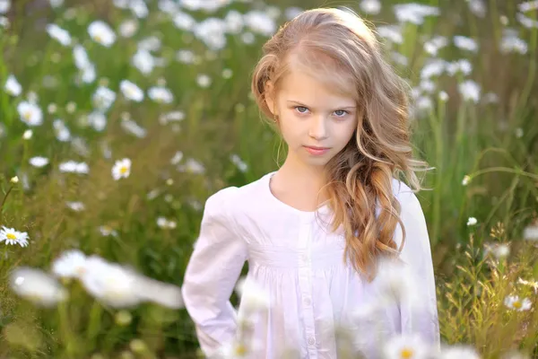 Retrato de una hermosa niña con manzanilla — Foto de Stock