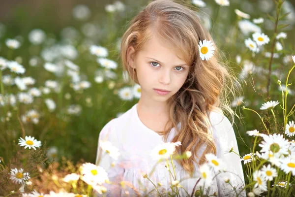 Porträtt av en vacker liten flicka med kamomill — Stockfoto