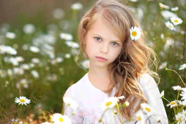 Retrato de uma linda menina com camomila — Fotografia de Stock