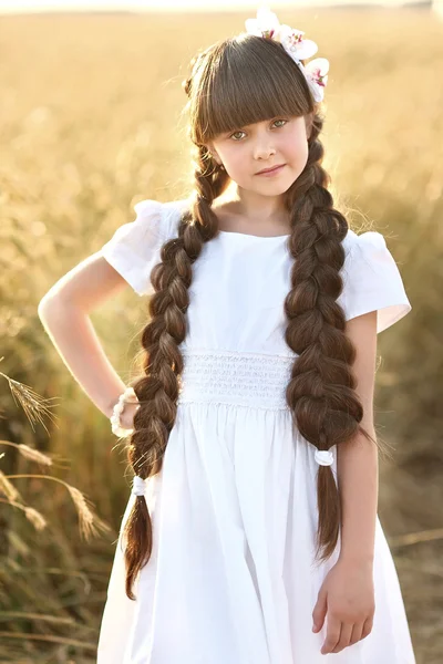 Portrait of a beautiful little girl in a field — Stock Photo, Image