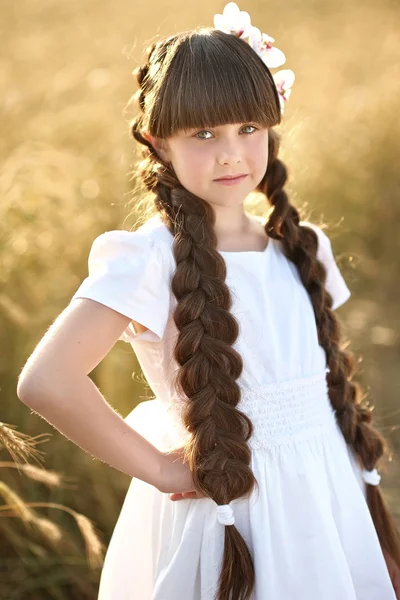 Retrato de una hermosa niña en un campo — Foto de Stock