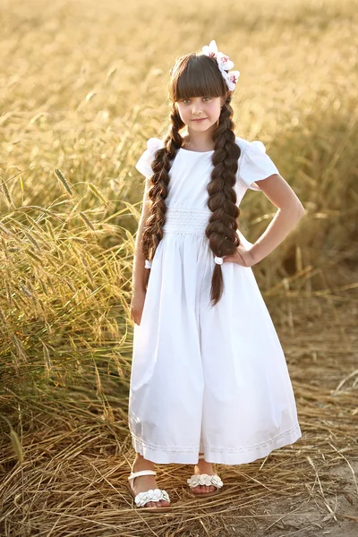 Muotokuva kaunis pieni tyttö pellolla — kuvapankkivalokuva