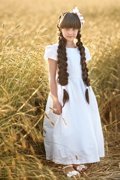 Portrait of a beautiful little girl in a field — Stock Photo, Image