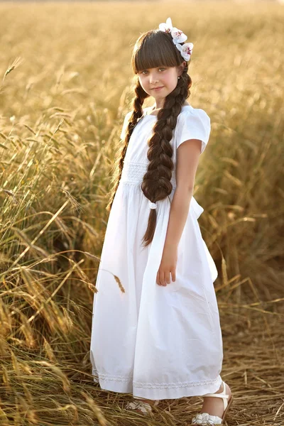 Portrait of a beautiful little girl in a field — Stock Photo, Image