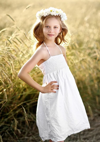 Egy mezőben egy gyönyörű kislány portréja — Stock Fotó