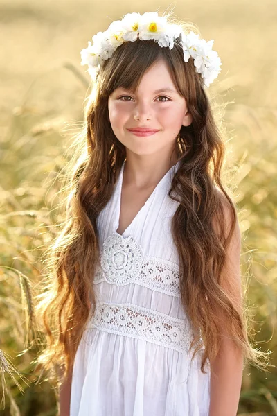 Portrait of a beautiful little girl in a field — Stock Photo, Image