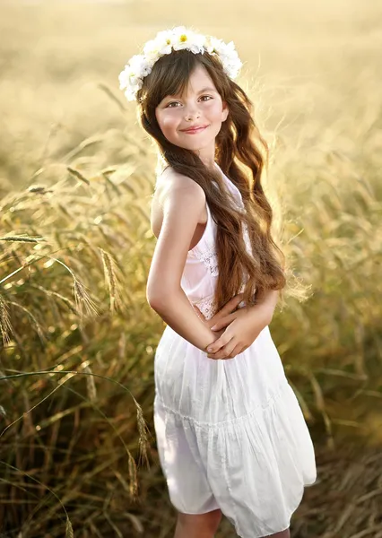 Portret van een mooi klein meisje in een veld — Stockfoto