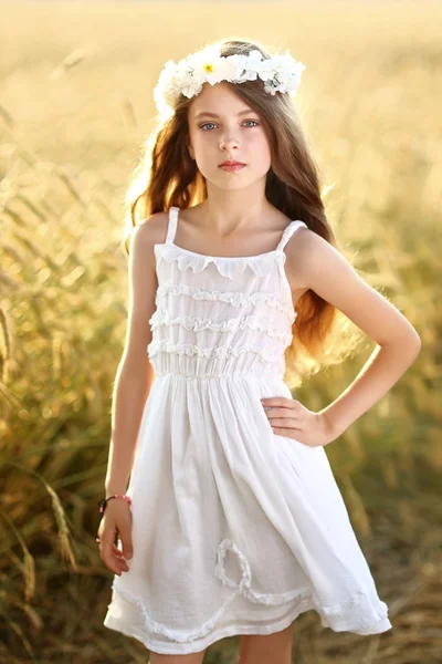 Portrait of a beautiful little girl in a field — Stock Photo, Image