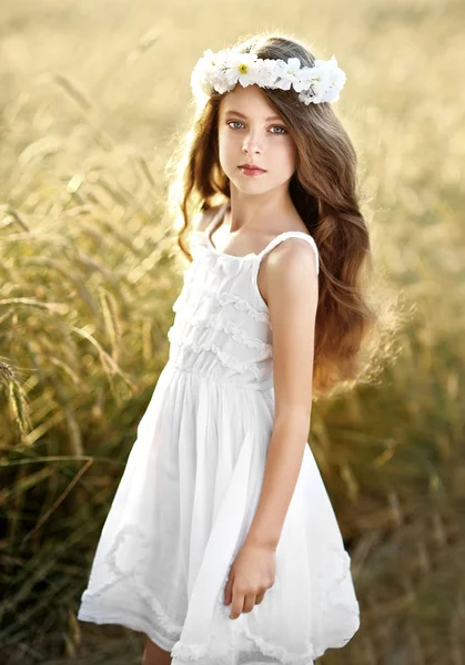 Porträtt av en vacker liten flicka i ett fält — Stockfoto