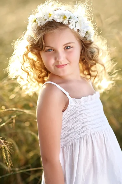 Portrait of a beautiful little girl in a field — Stock Photo, Image