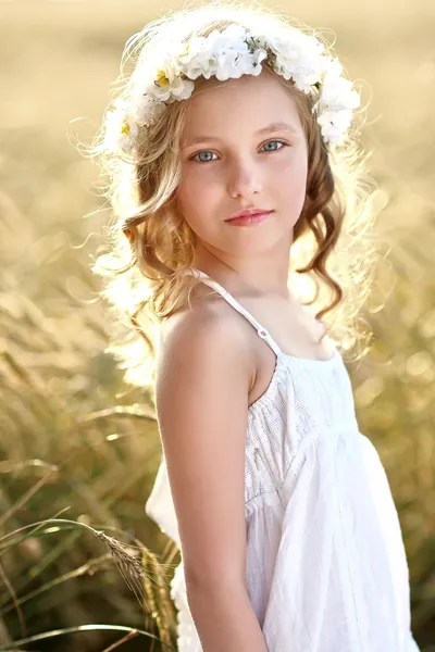 Ritratto di una bella bambina in un campo — Foto Stock