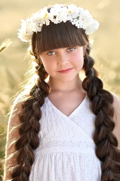 Portrait of a beautiful little girl in a field — Stock Photo, Image