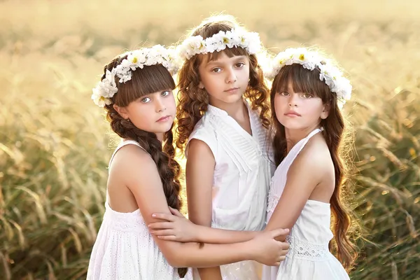 Retrato de três jovens namoradas com uma coroa de flores — Fotografia de Stock