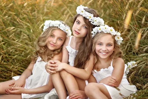 Portrait of three young girlfriends with a wreath — Stock Photo, Image