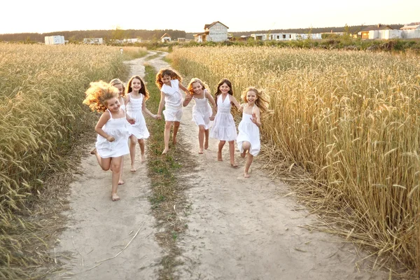 Портрет маленьких девочек, бегущих по полю — стоковое фото