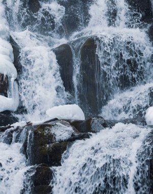 Küçük dağ şelalesi, beyaz karla kaplı ıslak taşlar arasında akan buzlu su.