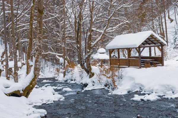 Pequeño Cenador Madera Las Profundidades Bosque Invernal Cerca Frío Arroyo — Foto de Stock