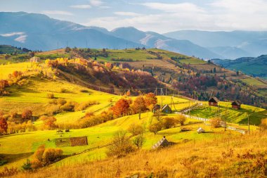Güzel tepelerdeki Karpatlar 'ın alışılmadık güzellikte doğası, renkli ormanlardan oluşan fantastik gökyüzü ve küçük bir köy.