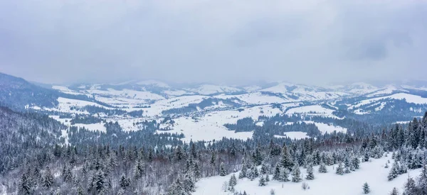 Вид Воздуха Мистический Ландшафт Зимнего Горного Леса Облачный Морозный День — стоковое фото