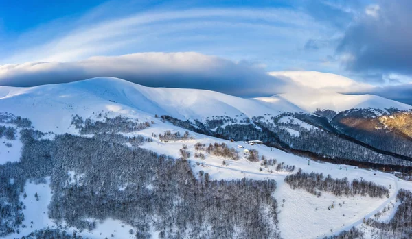 Vista Aérea Belas Encostas Montanha Inverno Cobertas Neve Floresta Abetos — Fotografia de Stock