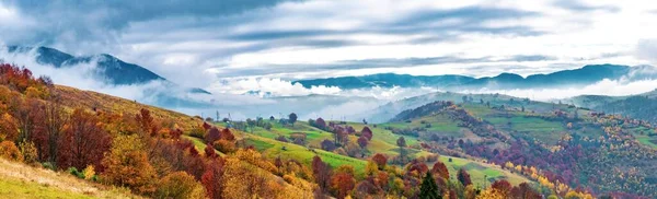 Hermosa naturaleza de los Cárpatos en las colinas del cielo, bosques y un pequeño pueblo — Foto de Stock