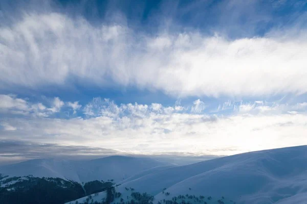 美丽的喀尔巴阡山 覆盖着常绿的森林和雪白的雪 被浓密的蓬松的云彩遮掩着 — 图库照片
