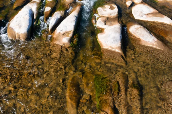 Długi Skalisty Potok Rzeczny Rzekami Podnóża Wysokiej Góry Iglastymi Terakotowymi — Zdjęcie stockowe