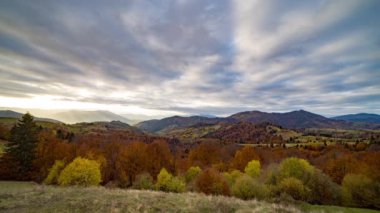Dağlık arazide büyük dağlara karşı renkli sonbahar ağaçları yetişir.