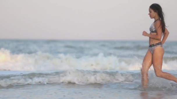A girl with wet hair in a leopard swimsuit runs along the sea with waves peering into the horizon — Stockvideo