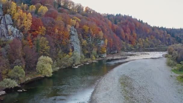 Río de montaña poco profundo al pie de la colina con bosques de terracota — Vídeos de Stock