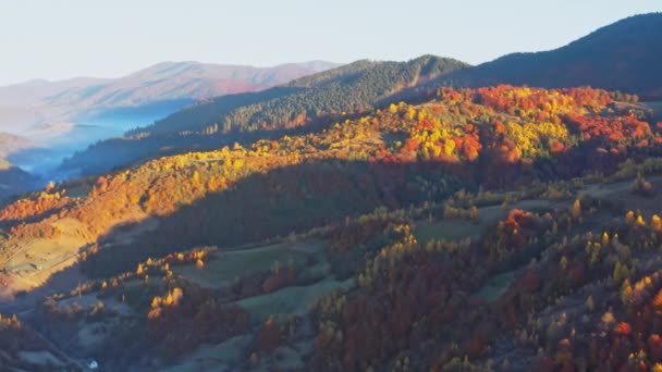 Schaduwrijke bergvallei met huizen en bossen bij zonsondergang — Stockvideo
