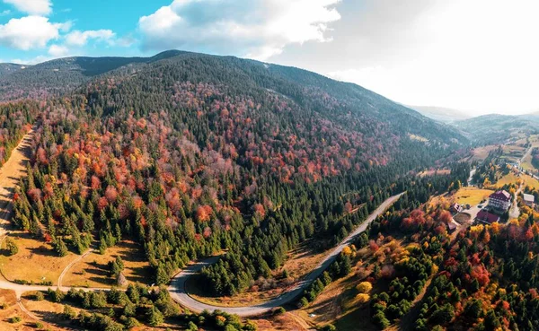 Pico Alta Montaña Con Bosques Verdes Color Rojo Colorido Prado — Foto de Stock