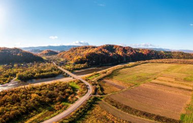 Dar, sığ nehir üzerinde asfalt yolu olan köprü, açık mavi gökyüzü manzarası altında, yüksek ağaçlarla dolu terracotta ormanına çıkıyor.