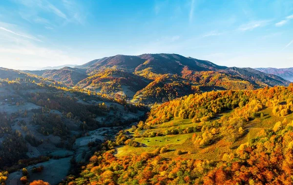 Coloridas Cimas Montañas Cubiertas Bosques Verdes Terracota Árboles Vívidos Bajo — Foto de Stock
