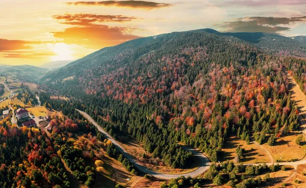 Pico Alta Montaña Con Bosques Verdes Color Rojo Colorido Prado — Foto de Stock